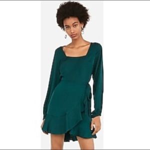 EXPRESS Square Neck Ruffle Long Sleeve Wrap Dress